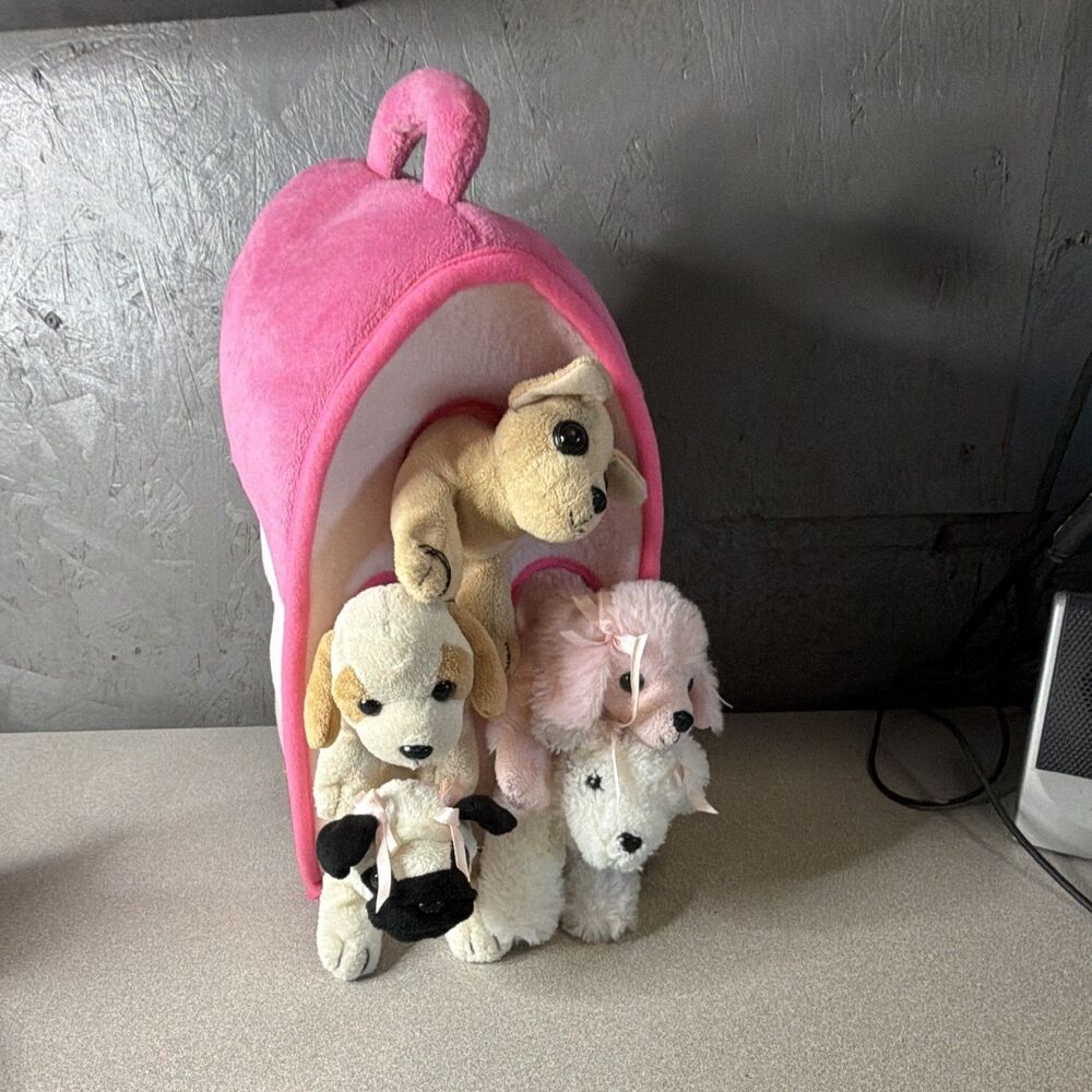 Soft Plush Dog Set with Pink Carrier Bag + 3 Stuffed Dogs Small 6-14 in
